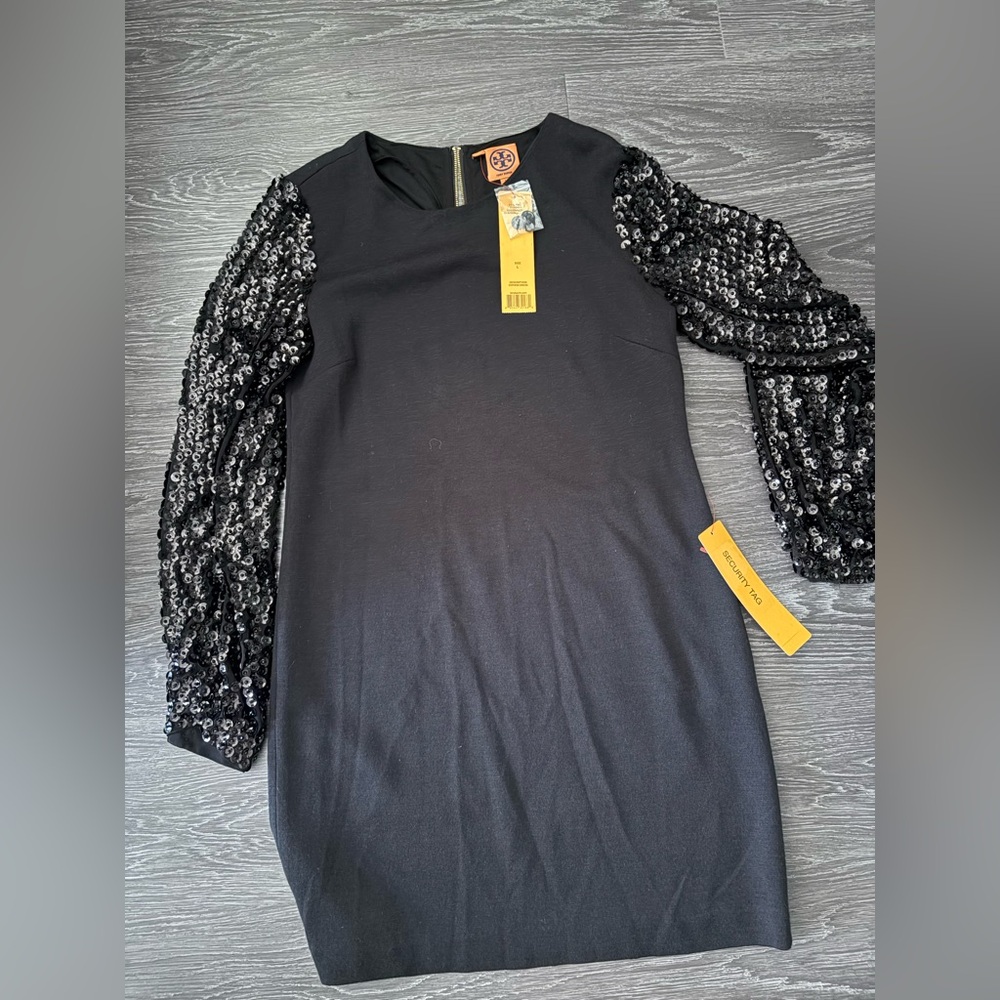 NWT Tory Burch Black Dress with Sequin Sleeves -Cepheid Dress Size Large